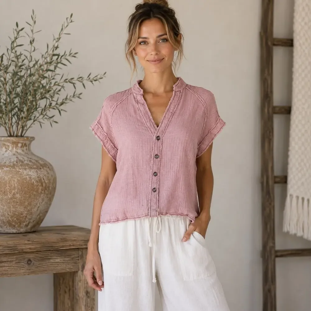 We the Free Pink Gauzy Cotton Button Short Sleeve Top XS